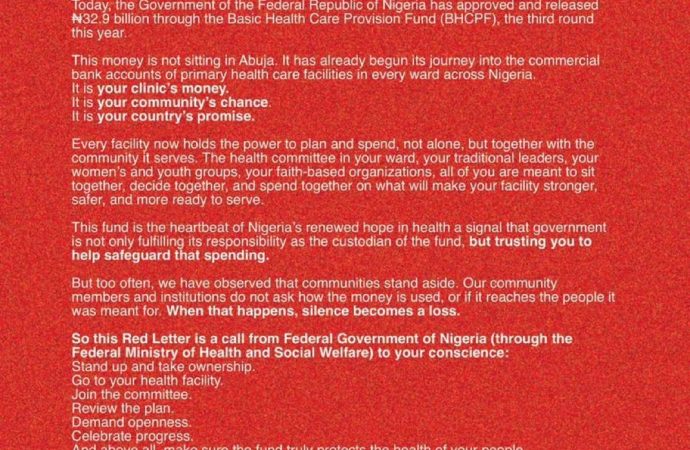 Federal Government Issues “Red Letter” To Nigerians On Funds Released To Primary Health Centres